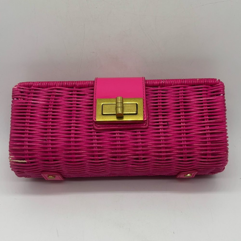 J Crew Havana Hot Pink Straw Wicker Clutch Purse Fits An iPhone!!